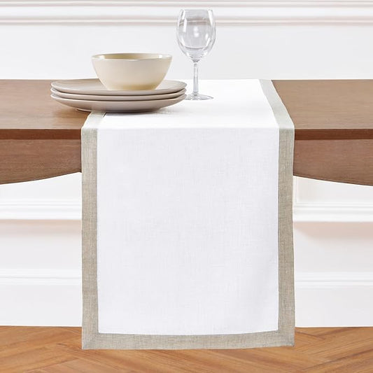 Solino Home Linen Table Runner 60 Inches - 100% Pure Linen Light Natural and White Short Table Runner 14 x 60 Inch Ideal for Dresser and Coffee Tables - Classic