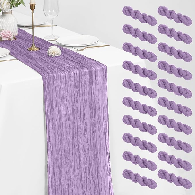 20 Pack Cheesecloth Table Runner Light Purple, Rustic Boho Gauze Fabric Table Runner Romantic Table Runner For Wedding, Festival, Birthday, Anniversary, Dinner and Outdoor Events (17.7 x 108 inch)