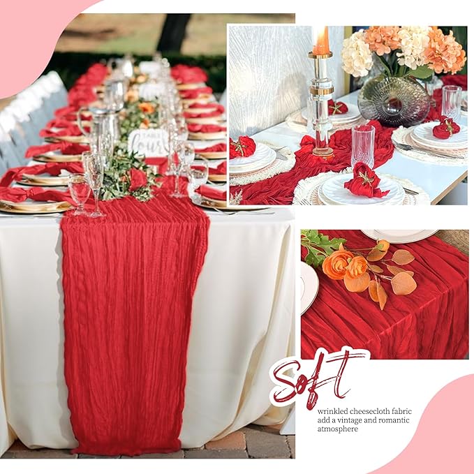 12 Pack Red Cheesecloth Table Runner 17x108 Inch Semi Sheer Boho Gauze Cheese Cloth Fabric Table Runners, for Wedding Party Baby Shower Birthday Home Decor Garden Farmhouse