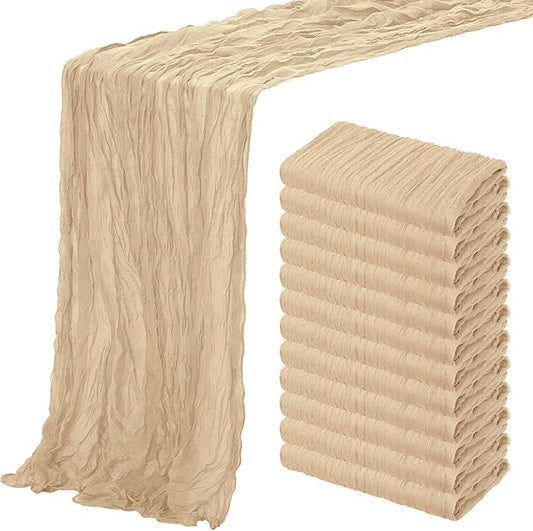 Aktor 12 Pack Beige Cheesecloth Table Runner 10Ft Gauze Table Runner Boho Semi Sheer Cheese Cloth Fabric Runners for Wedding Birthday Baby Shower Party Table Decoration（Beige）