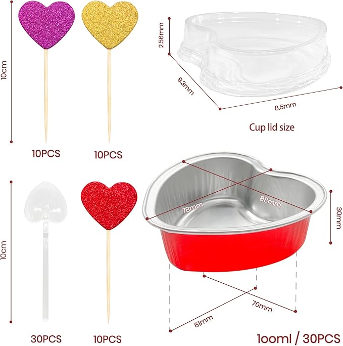 Heart Shaped Cake Pans Valentine Aluminum Mini Cake Pans with Lids for Baking 30 Packs 3.4 Ounces Disposable Cupcake Cup Pan Baking Pans for Valentine Mother's Day Wedding Birthday Baking Supplies