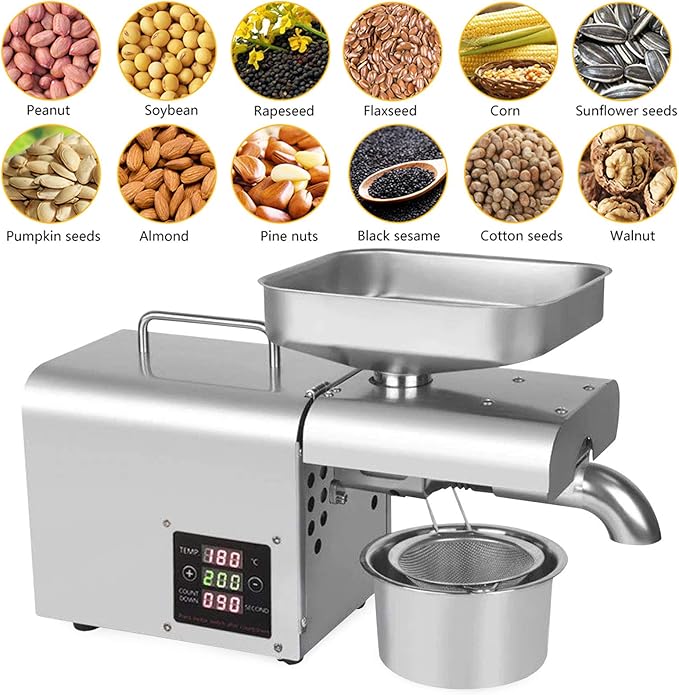 Oil Press Machine 610W Cold/Hot Press Oil Extractor Machine with Oil Cup, Funnel & Filter, 304 Stainless Steel Oil Press Machine, 3-6 kg/h Oil Press Speed, for Peanut Soybean Rapeseed Silver 110V