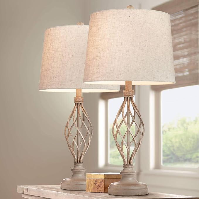 Franklin Iron Works Annie Modern Industrial Table Lamps 28" Tall Set of 2 Weathered Sand Iron Cream Tapered Drum Shade for Bedroom Living Room House Home Bedside Nightstand Office Entryway Family