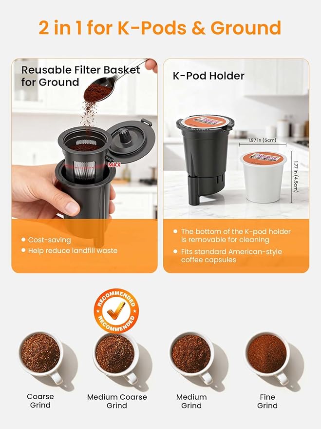 Single Serve Coffee Maker for K-Cup and Grounds, 6-14 oz Brew Sizes Hot & Iced Coffee Maker, Strong Brew Setting, 50 oz Removable Tank, Descaling Reminder, Stainless Steel,Black
