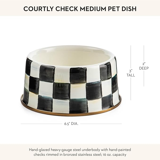 MACKENZIE-CHILDS Pet Bowl, Cute Cat and Dog Bowl for Food and Water, Black-and-White Courtly Check, Medium