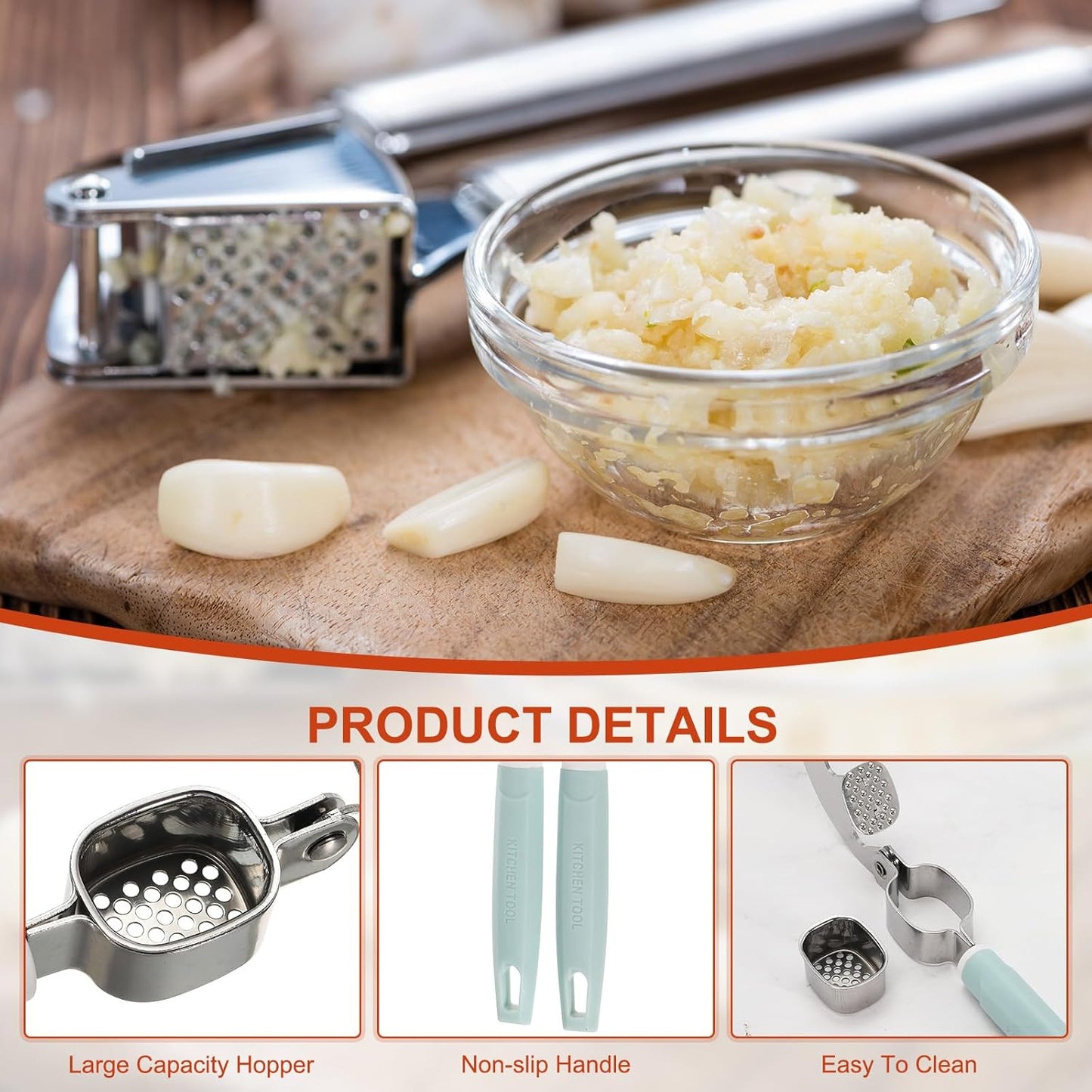 uxcell 2pcs Garlic Press, 7.7 Inch Stainless Steel Garlic Crusher and Peeler Set for Home Cooks and Professional Chefs, Pink