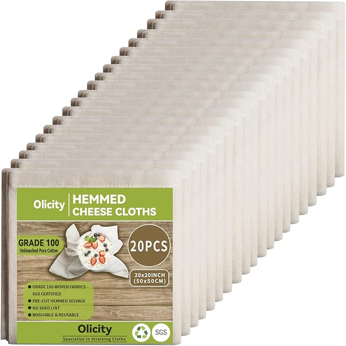 Olicity Cheesecloth Bulk, 20PCS, Grade 100, 20x20Inch Hemmed Cheese Cloths Fabric Reusable Fine Mesh Cloth, 100% Cotton Unbleached Precut Muslin Bulk Cheesecloth Roll for Straining, Cooking, Cheese
