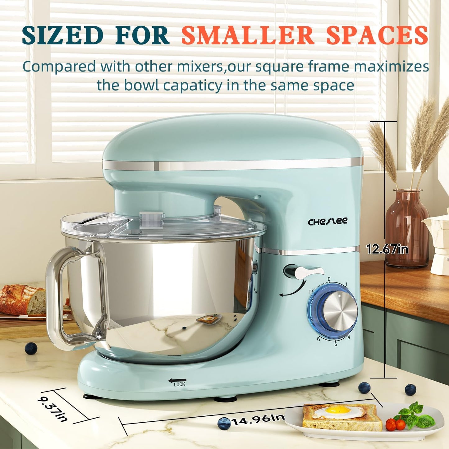 CHeflee Stand Mixer,660W 6+P With 6.5QT Stainless Steel Bowl,Dough Hook, Wire Whip & Beater,for Most Home Cooks,Blue