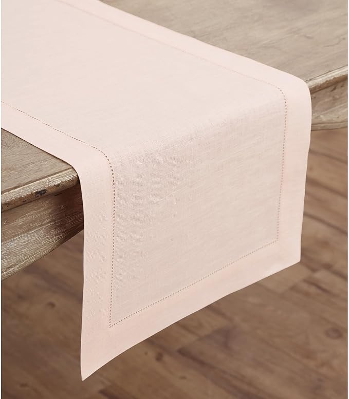 Solino Home Linen Pink Table Runner 144 Inches Long - 100% Pure Linen Extra Long Table Runner 14 x 144 Inch for Christmas - Classic Hemstitch