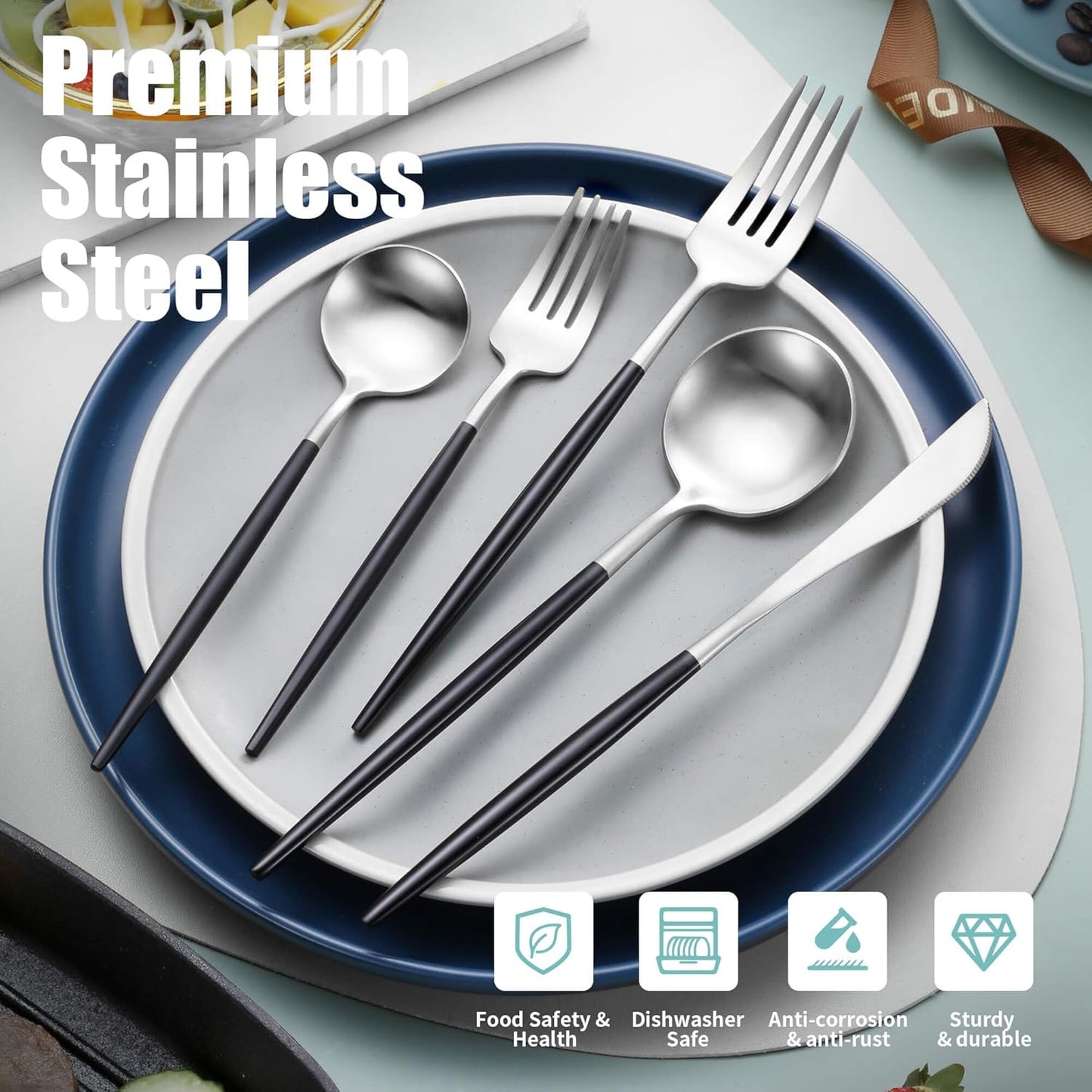 Matte Black Silver Silverware Set for 6,Modern Stainless Steel Brushed Cutlery Set,30-Pieces Heavy Duty Flatware Set,Knives Spoons and Forks Set Utensils Set, Satin Finish, Dishwasher Safe