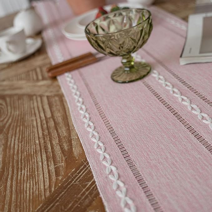 Niviy Table Runners 90 Inches Long with Tassels - Gifts for Her, Pink Boho Embroidered Table Runner Farmhouse Rustic Linen Runners for Wedding Party Baby Shower Home Decor (Pink, 12"×90")