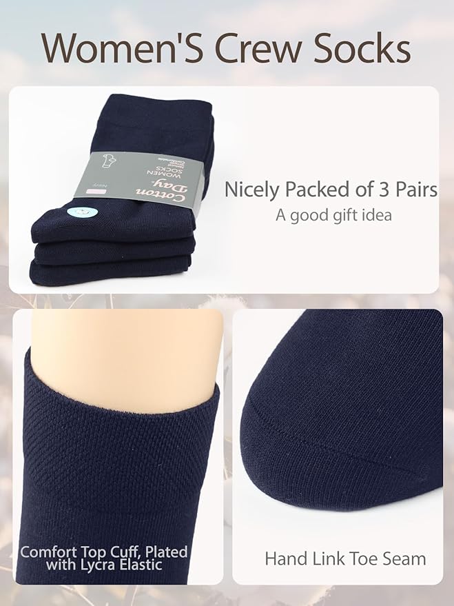 COTTON DAY Women's Soft Combed Cotton Dress Socks Seamless Toe Black White Gray Navy Blue Brown Beige