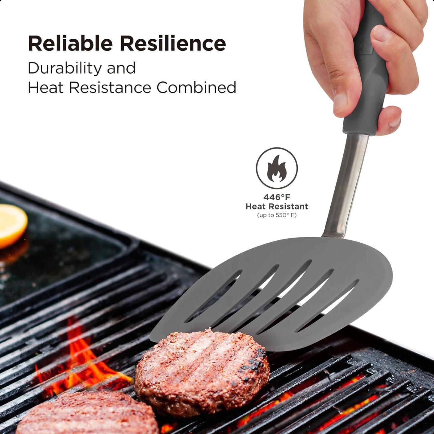 Kitchen Mama WaltzGrip Platinum Silicone Pancake Spatula Turner: Heat Resistant Flexible, Stainless Steel Core, Nonstick, Dishwasher Safe, Flipper – Ideal Kitchen Cookware Egg, Fish, Meat (Metal Gray)