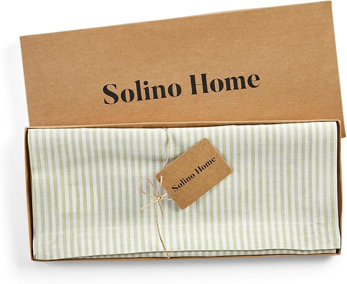 Solino Home Linen Table Runner 72 Inches Long - Narrow Stripe, 100% Pure Linen Sage and White Table Runner 14 x 72 Inch for Dining, Dresser, Christmas, New Year