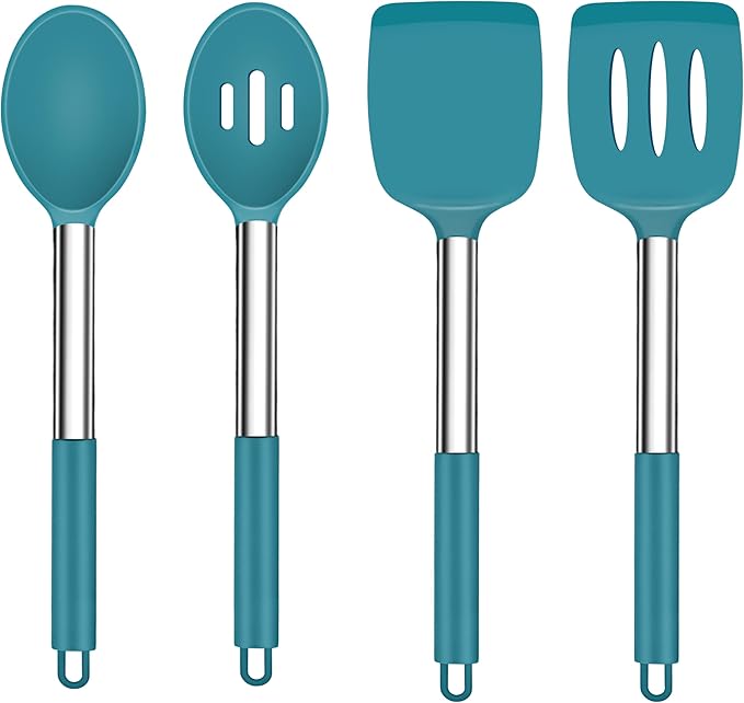 TeamFar Cooking Utensils Set, 4PCS Heatproof Silicone Utensil Kitchen Tools with Stainless Steel Handle, for Non-stick Cookware Flipping Frying Draining, Nontoxic & Non scratch, Easy Clean - Navy Blue
