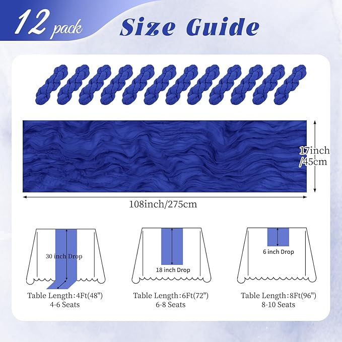 12 Pack Royal Blue Cheesecloth Table Runner 17x108 Inch Semi Sheer Boho Gauze Cheese Cloth Fabric Table Runners, for Wedding Party Baby Shower Birthday Home Decor Garden Farmhouse