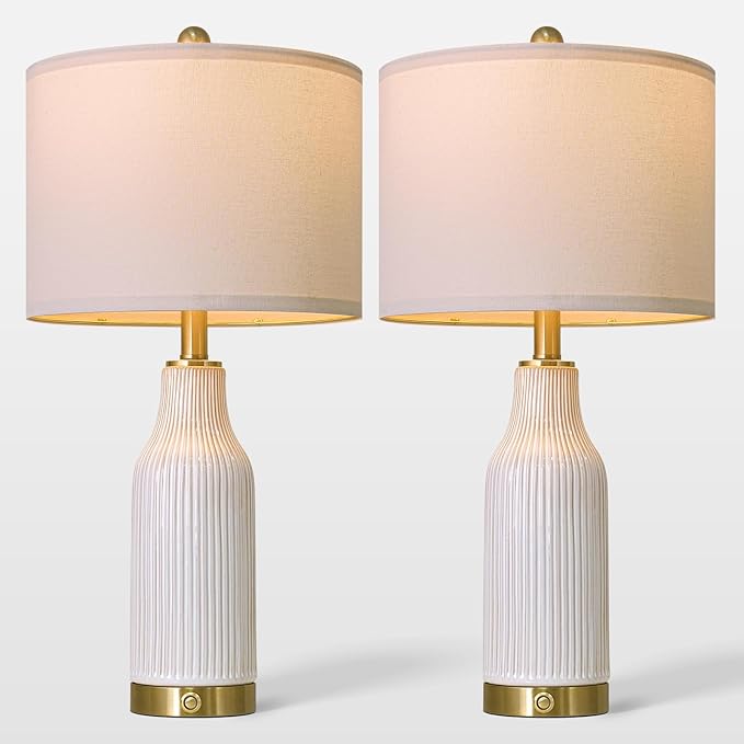 24.5" Modern 3-Way Dimmable Touch Control with USB A+C Ceramic Lamps Set of 2 Table Lamp for Living Room Bedroom Farmhouse Nightstand Bedside White