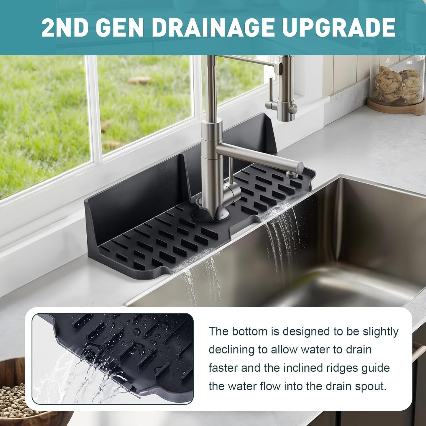 Silicone Kitchen Sink auto Drain Organizer, Kitchen countertop and Sink Splash Guard.Kitchen Sponge Rack and organizing Shelf，Suitable for Cleaning Tools, dispensers, Bottles, Cups (Gray)