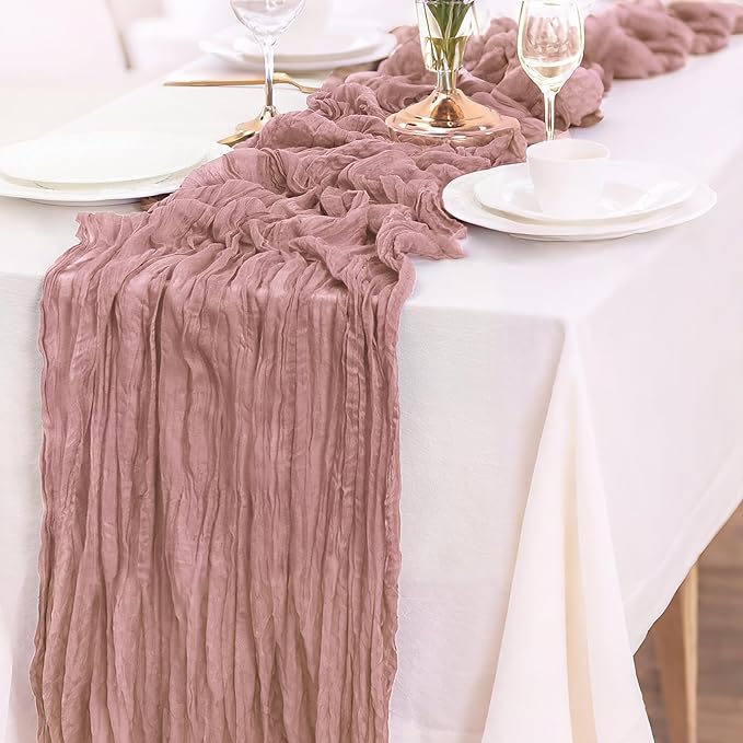 12-Pack Dusty Pink Cheesecloth Table Runners – 10FT (35x120 Inch) Boho Rustic Gauze Fabric Cheese Cloth Table Runner for Weddings, Baby Showers, Bridal Shower, Farmhouse & Birthday Party Decor