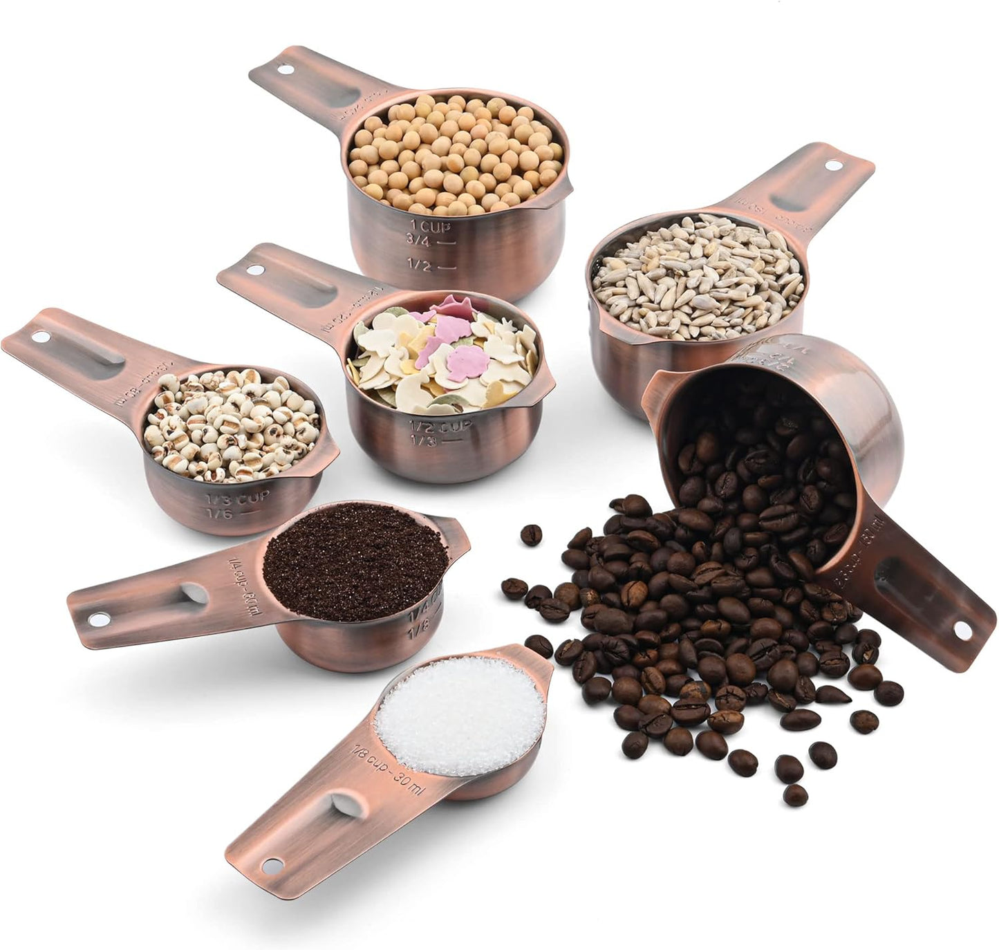 Copper Measuring Cups Set, 7-Piece Stainless Steel Measuring Cups Set, Metric&US Metal Measure Tools with 1/8, 1/4, 1/3, 1/2, 2/3, 3/4&1 Measure Cup for Dry & Liquid Ingredients During Baking