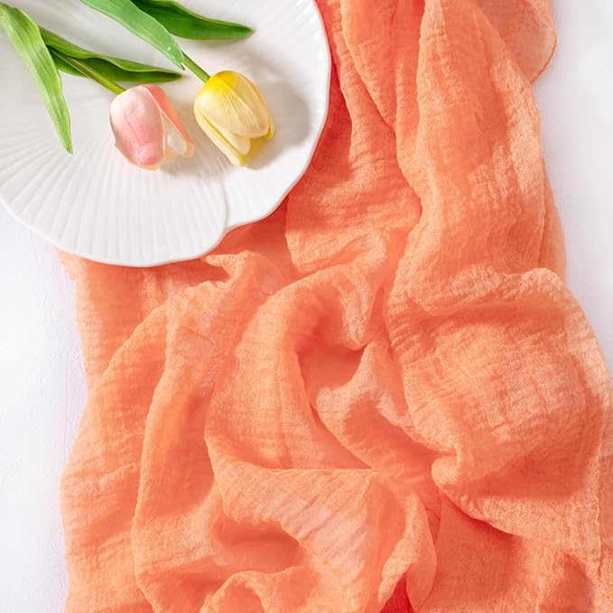 Socomi 3pcs Peach Orange Fall Thanksgiving Gauze Cheesecloth Table Runner 120 Inch Rustic Boho Cheese Cloth Runner for Wedding Party Baby Bridal Shower Centerpiece Decoration Holiday Home Decorations