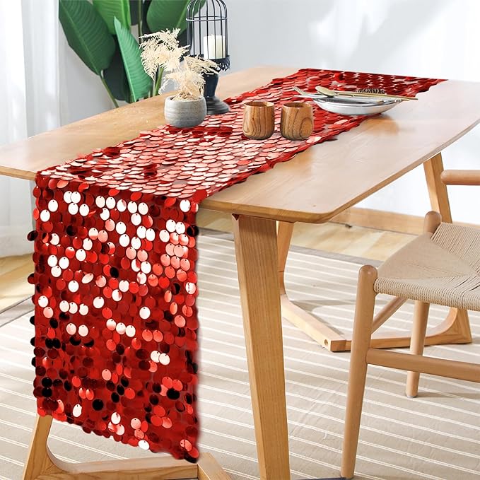 12 x 108 Inch Red Sequin Table Runner Glitter Rectangle Big Sequin Table Runner for Wedding Party Birthday Christmas Halloween Decoration (1 Pack)