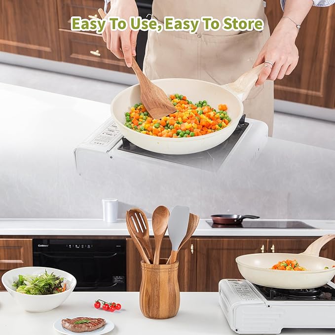 Wooden Cooking Utensils Set, Wood Spoons for Cooking, Non-Stick Kitchen Utensils Cooking Spoon Silicone Scraper Turner Spatula Shovel Slotted, Wood Utensils Set for Cooking 5 Piece Set