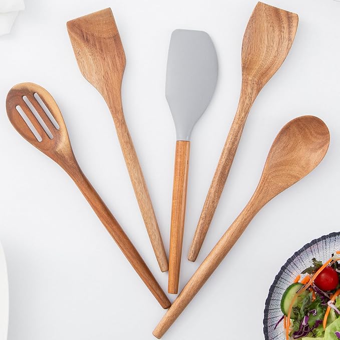 Wooden Cooking Utensils Set, Wood Spoons for Cooking, Non-Stick Kitchen Utensils Cooking Spoon Silicone Scraper Turner Spatula Shovel Slotted, Wood Utensils Set for Cooking 5 Piece Set