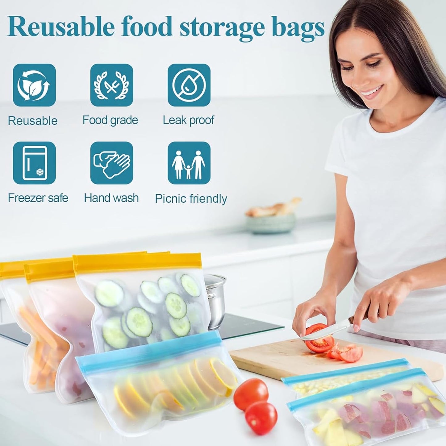 8 Pack Reusable Gallon Bags Dishwasher Safe, Silicone Leakproof Reusable Freezer Bags, BPA Free Reusable Food Storage Bags for Candy, Snack, Cereal, Travel Items, Home Organization（Blue）
