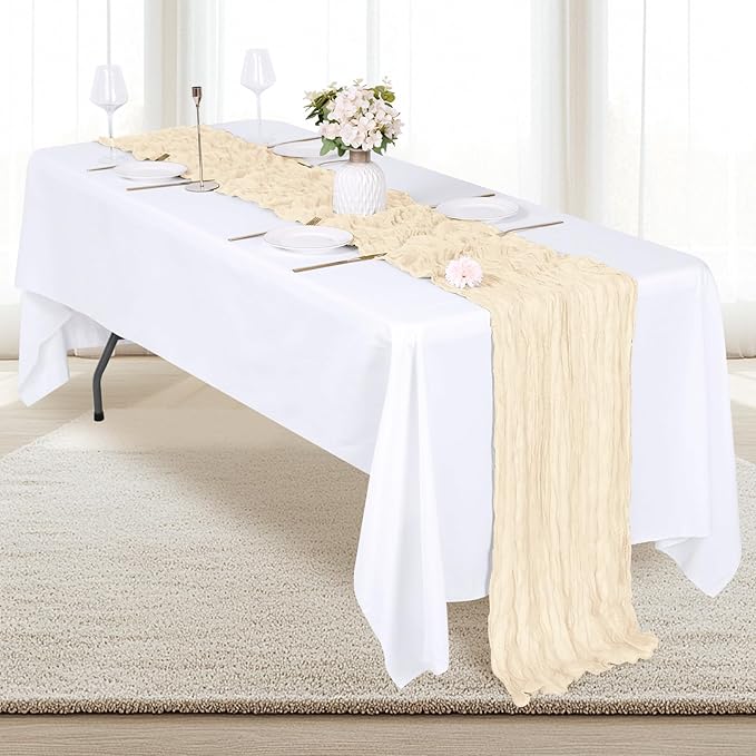 6 Pack Ivory Cheesecloth Table Runner 17x108 Inch Semi Sheer Boho Gauze Cheese Cloth Fabric Table Runners, for Wedding Party Baby Shower Birthday Home Decor Garden Farmhouse