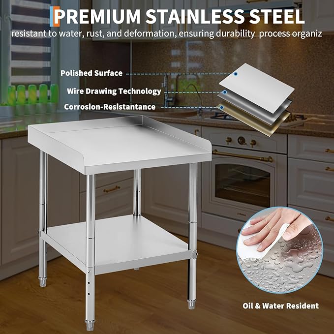 30x30x30 in Stainless Steel Equipment Grill Stand Table 400 LBS Capacity NSF Certified with Adjustable Legs, 2 in Edge Baffle, for Hotel, Home, Commercial Restaurant Kitchen