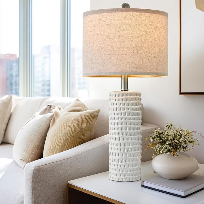 PORTRES 24" Modern Ceramic White Table Lamp Set of 2 for Bedroom Living Room Farmhouse Bedside Lamps Nightstand lamp Desk Lamp for End Table Home Decor