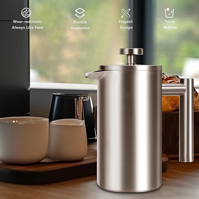 12 OZ French Press Coffee Maker, Sturdy Insulated Full Stainless Steel Coffee Press, Mini Small Camping French Presses Maker, 1-2 Cup Teapot for Kitchen Travel Elegant Silver 350ml