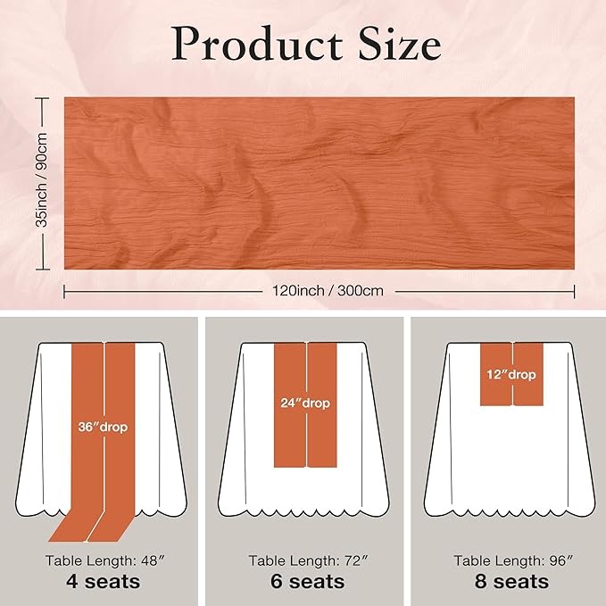 Leetaltree 2 Pack Orange Boho Rustic Cheesecloth Table Runner, 35x120 Inch, Decorative Table Runners for Bridal, Baby Shower, Wedding Table Decorations