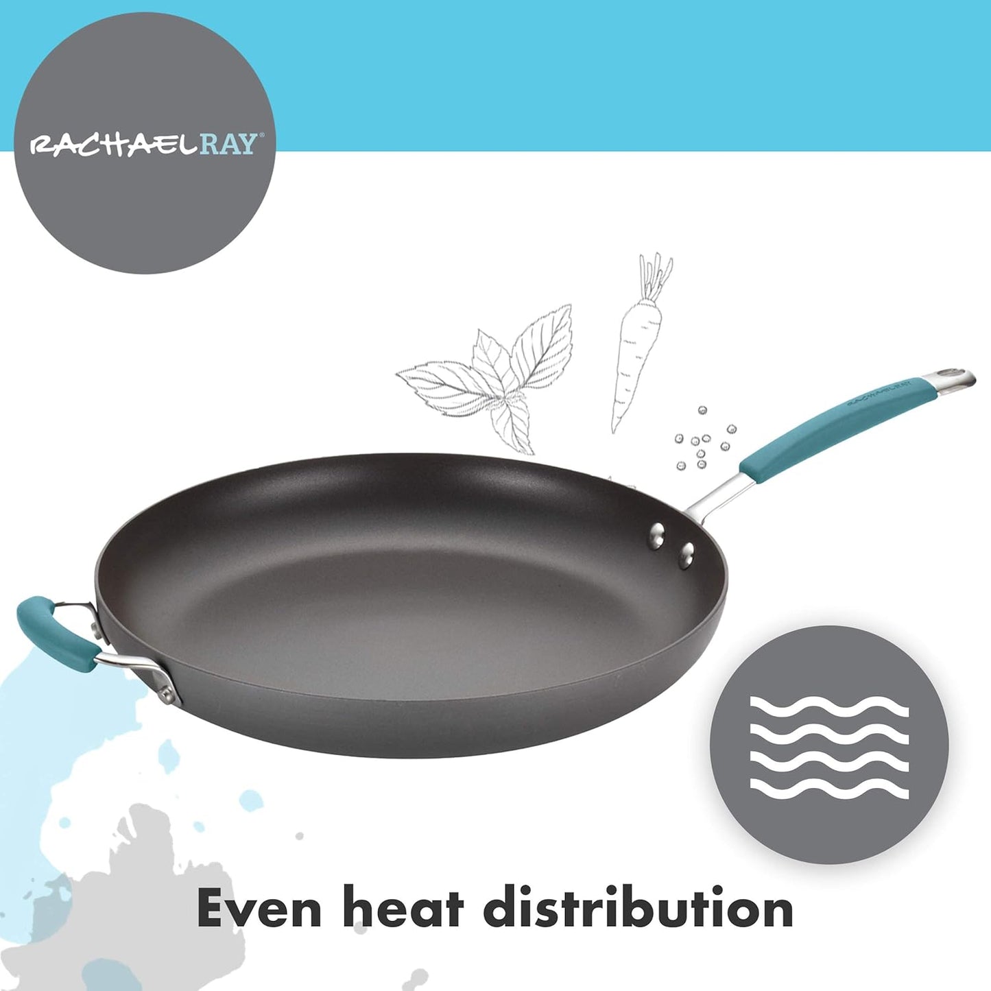 Rachael Ray 87642 Cucina Hard Anodized Nonstick Skillet with Helper Handle, 14 Inch Frying Pan, Gray/Agave Blue