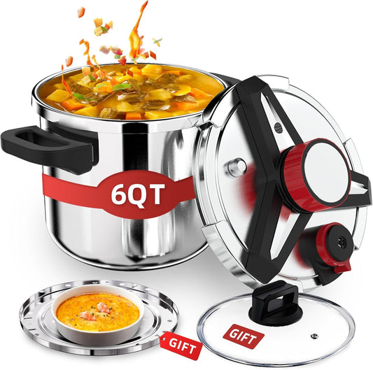 3-In-1 Stainless Steel Pressure Cooker 6.3 QT: [Save 70% Time] [3 PSI Settings], One-Hand Locking, Induction Compatible, Glass Lid & Steamer Rack Included, Olla de Presion