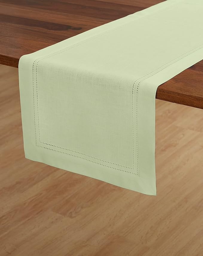 Solino Home Linen Table Runner 120 Inches Long - 100% Pure Linen Sage Green Table Runner 14 x 120 Inch for Christmas, New Year - Double Hemstitch