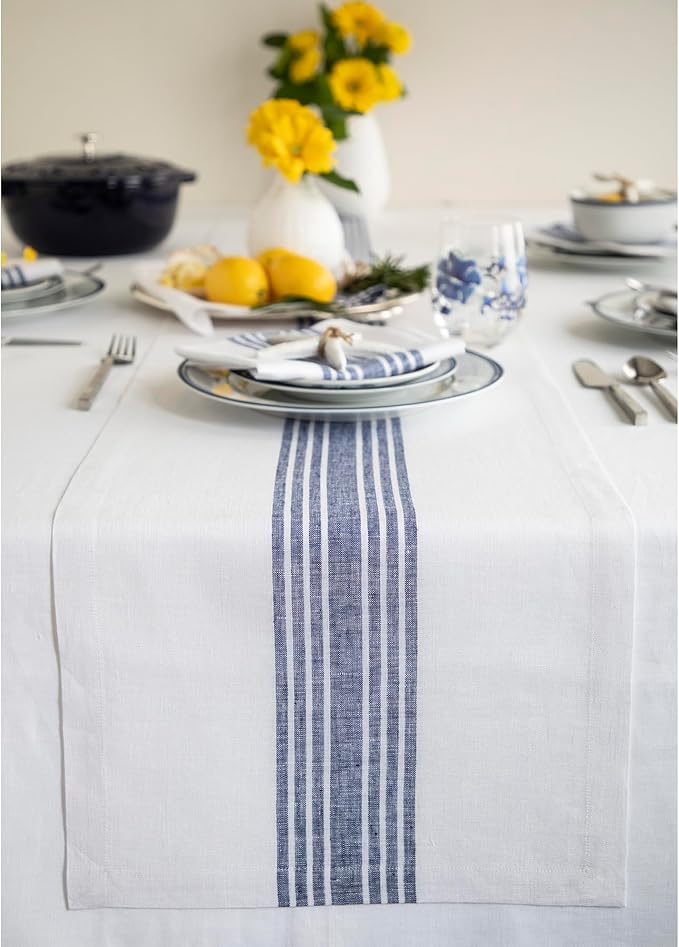 Solino Home Linen Table Runner 60 Inches - 100% Pure Linen Navy and White Farmhouse Table Runner 14 x 60 Inch Ideal for Dresser and Coffee Tables - Christmas, Holiday, New Year