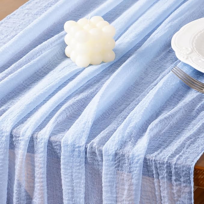 Socomi 3pcs Blue Fall Thanksgiving Gauze Cheesecloth Table Runner 120 Inch Rustic Boho Cheese Cloth Runner for Wedding Party Baby Bridal Shower Centerpiece Decoration Holiday Home Decorations