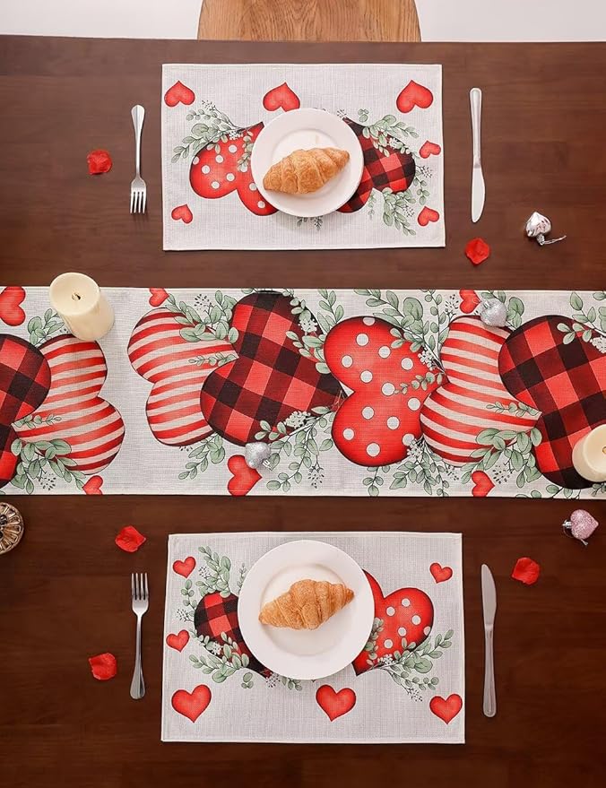 Eucalyptus Hearts Valentine's Day Table Runner 13"x72" & 4 Pcs 12"x18" Placemats Sets with 12 Heart Balloons, Love Letter Balloons, Stickers & Blowing Straw for Home Party Decor