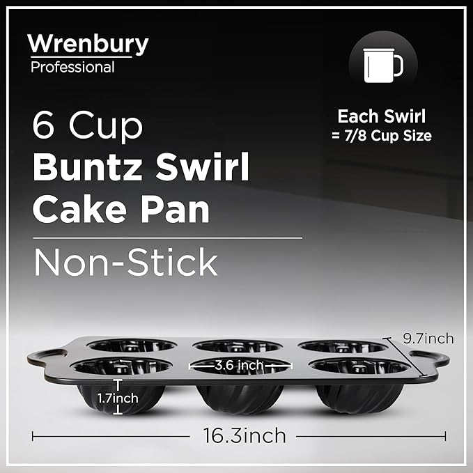 Wrenbury Nonstick Mini Swirl Buntz Pan for Baking - 6 Cup Fluted Cake Tin for Small Cakes - PFOA Free and Dishwasher Safe - 3.75” Cup Width