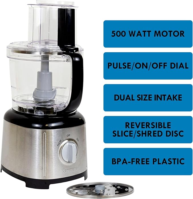Kenmore Food Processor and Vegetable Chopper with Reversible Slicing/Shredding Disc, Chop, Slice, Shred, Mince, Grate, Puree, Stainless Steel, 11-Cup, 500W, Black and Silver