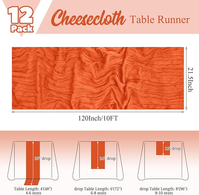 12 Pack Orange Fall Table Runner 10Ft Cheesecloth Table Runner Rustic Gauze Table Runners Romantic Long Sheer Fabric Cheese Cloth Table Runners for Wedding Party Bridal Baby Shower