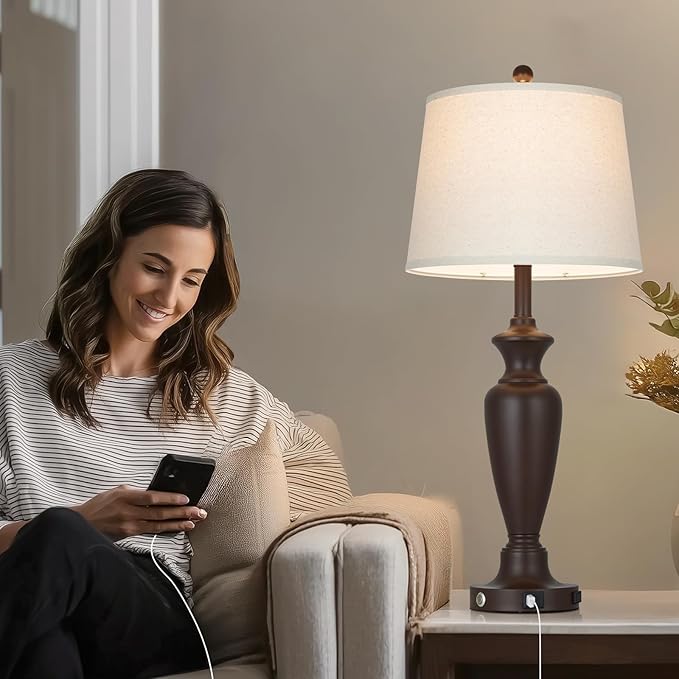 30" Tall Metal Table Lamps Set of 2, Touch Control Bedside Lamps for Bedroom Nightstand, 3-Way Dimmable Farmhouse Lamp for Living Room with Charging Ports, Brown (2 LED Bulbs Included)