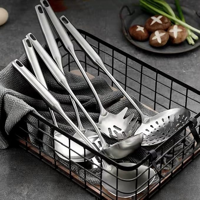 304 18/10 Stainless Steel Kitchen Utensils Set 11 Pcs Long Cooking Utensil, Spatula, Soup spoon, Leaking shovel, Ladle, Tunner, Pasta Server, Meat Fork, Tongs Kitchen Tools Set