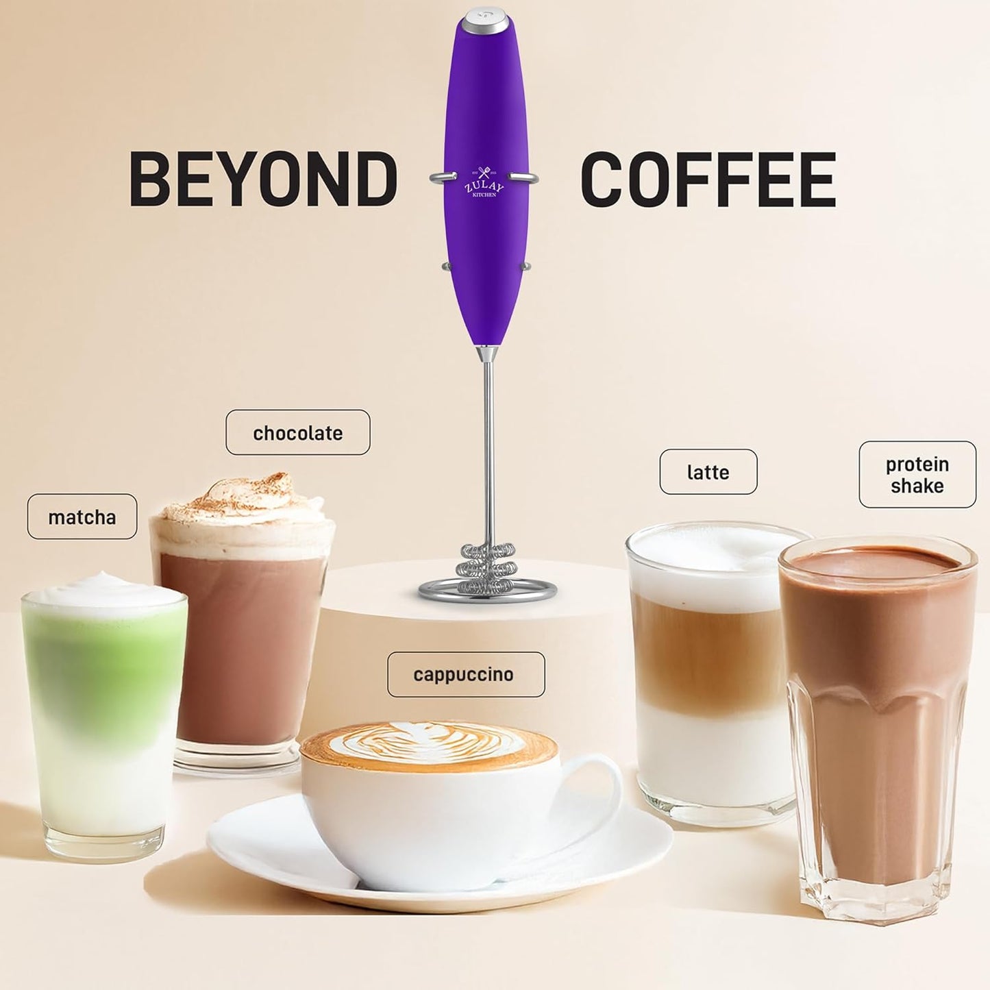 Zulay Kitchen Tornado Whisk Milk Frother with 4 AA Duracell Batteries - Triple Whisk for More Power - Handheld Coffee Frother with Stand - Drink Mixer for Lattes, Matcha & Protein Shakes