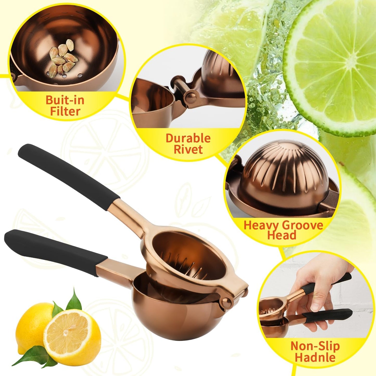 Lemon Squeezer,304 Stainless Steel Citrus Press Juicer,Non-Slip Grip Design Manual Juicer,Heavy Duty Manual Citrus Press Juicer & Lime Squeezer-Rose Gold & BLack