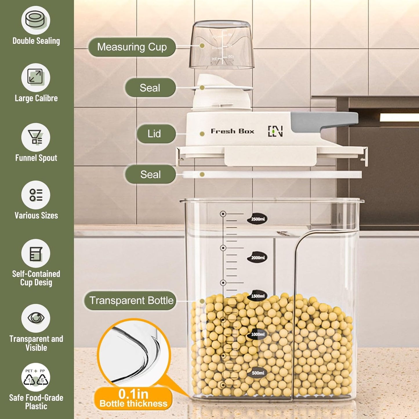 Cereal Storage Container 2Pack,85oz/2.5L Airtight Food Storage Containers With Lids,Organizers Storage With Measuring Cup for Beans,Sugar,Rice,Nuts,Snacks,Dog Cat Pet Food,Candy