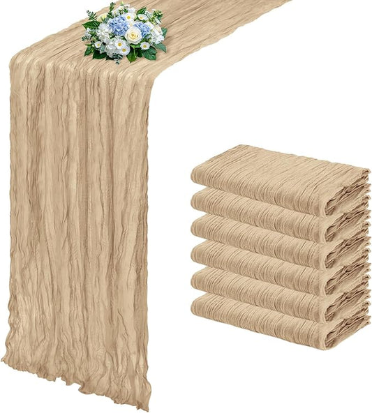 6 Pack Beige Cheesecloth Table Runner 17x108 Inch Semi Sheer Boho Gauze Cheese Cloth Fabric Table Runners, for Wedding Party Baby Shower Birthday Home Decor Garden Farmhouse