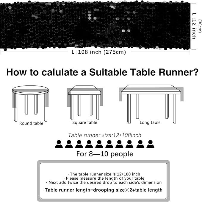 12 x 108 Inch Black Sequin Table Runner Glitter Rectangle Big Sequin Table Runner for Wedding Party Birthday Christmas Halloween Decoration (1 Pack)